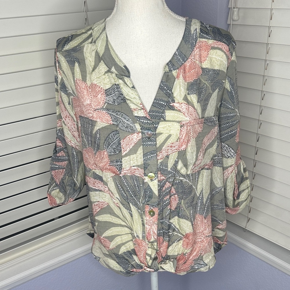 Ruby Rd. Pink, Navy Blue and Gray Leaf Print Blouse